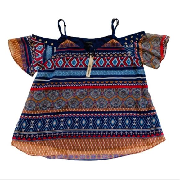 Coco & Carmen Top Blouse Siren Vibrant Print Short Sleeve Cold Shoulder L/XL NEW - Picture 13 of 13